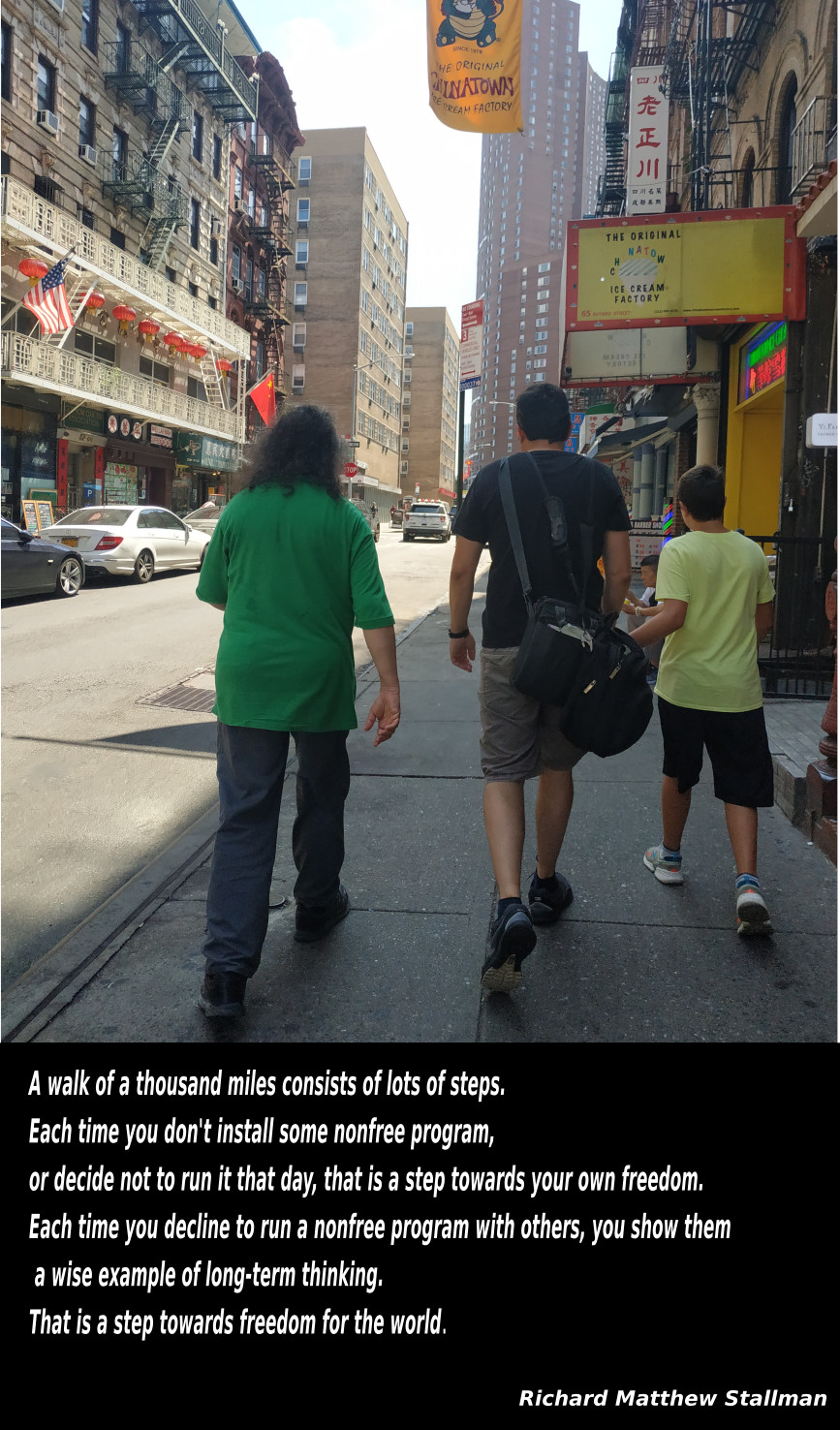 Richard Stallman with Javier Sepulveda and Javier Sepulveda Junior - Chinatown, Manhattan, New York